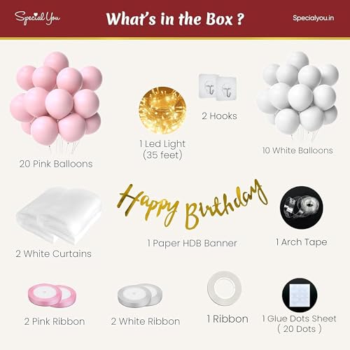 Image of SpecialYou.in Rubber 43 Pcs Birthday Decoration Kit for Girls with Pink & White Balloons for Decoration,Birthday Backdrop for Decoration,Back Drop Curtain for Decorations,White Pink Ribbon for Decor