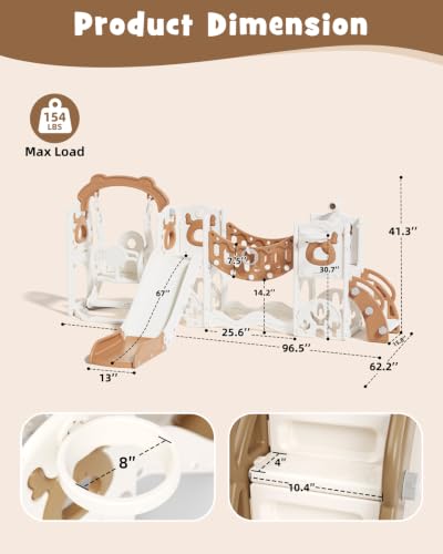 Image of XJD 12-in-1 Toddler Slide and Swing Set, Kids Slide for Toddlers Age 1+, Toddler Outdoor Playset New Upgrade with Golf Set, Basketball Hoop, Drawing Board for Playground (Brown)