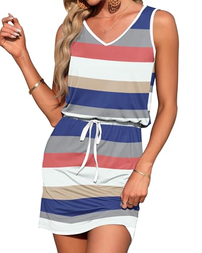 Image of AUSELILY Womens Summer Sleeveless V-Neck Drawstring Mini Dress with Pockets | Drawstring waist & pockets, sleeveless V-neck swing mini short dress for beach, vacation & daily wear