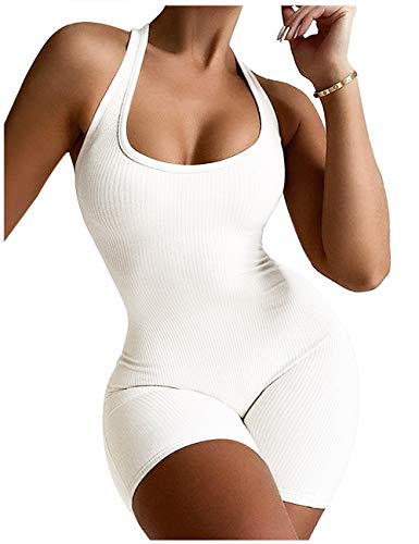 L VOW Women s Sexy One Piece Sleeveless Bodycon Tank Top Club Romper Short Jumpsuits (White,Large)