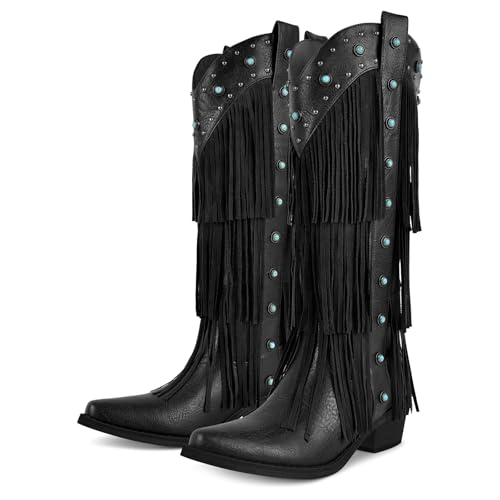 sexytag Fringe Western Cowboy Boots for Women with Tassals Turquoise Studs Embellishments Pointed Toe Cowgirl Knee High Boots