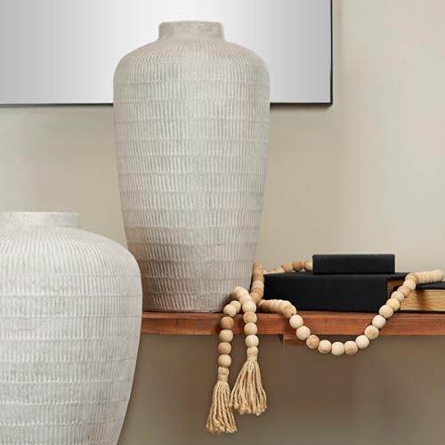 Cream Ceramic Textured Vase with Linear Pattern Off/White