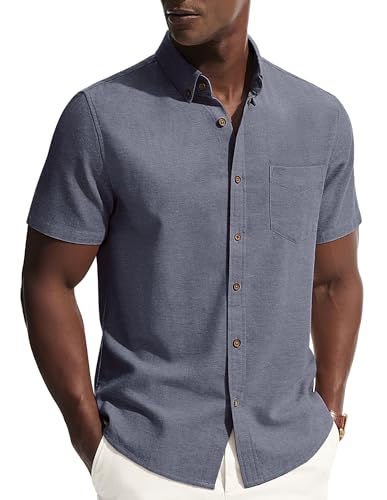 PJ PAUL JONES Camisas de lino para hombre de manga corta, camisa ligera de verano, Gris y azul., L