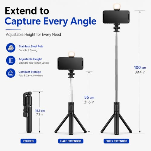 Image of Selfie Stick Tripod 5.6 Feet with LED Fill Light, Extendable Mobile Phone Stand for Video Recording, Vlogging, Live Streaming & Video Calls, 360 Rotation, Compatible with Android & iPhone