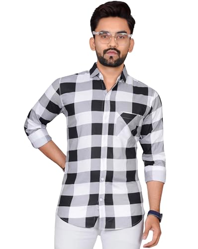 Image of Voroxy Men's Casual Checks Shirt with Pockets Cotton Blend Stylish Branded Checkered Pattern Formal Shirt & Regular Fit Full Sleeves and Spread Collar Style