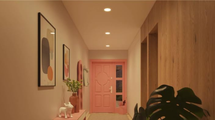 Living room and kitchen illuminated with various RGB smart lighting colors