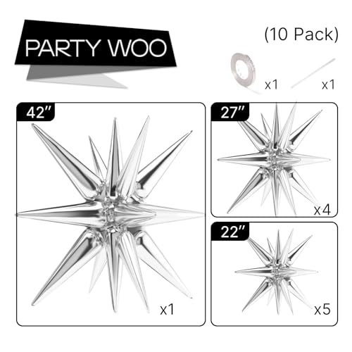 Image of PartyWoo Metallic Silver Star Spike Balloons 10pcs Explosion Foil Balloons