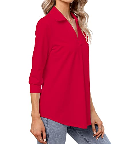 Heat Move Women's 3/4 Sleeve Length Tops Collared V Neck Shirt Dressy Casual Business Blouses for Work Professional4