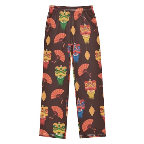 ZZXXB Chinese Lion Dancing Boys Long Pants Soft Trousers Elastic Waist Kids Lounge Bottoms with Pockets S-XL
