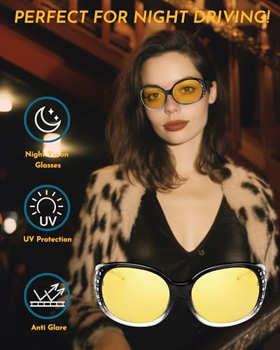 SODQW Night Vision Glasses for Women,Polarized Yellow Anti Glare Glasses with Diamond Accents for Night Driving2