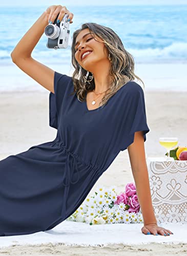 Image of Ekouaer Womens Swimsuit Coverup Short Sleeve Beach Cover Up Dress V Neck Bikini Beachwear