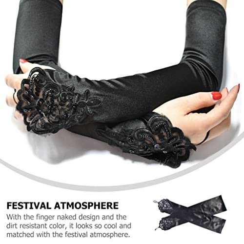 Mangas de Luvas Longas Pretas: Stretchy Finger Floral Bordado Lantejoulas Partido Bridal Luvas Fato