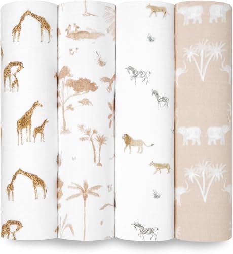 Image of aden + anais Boutique Organic Swaddle Blanket 4-Pack - 100% Organic Cotton Muslin, Large, Soft, Breathable Receiving Blankets for Infants - Lightweight Multi-Use Baby Swaddles, Safari Dreams