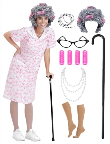 Ccfurwo Adult Old Lady Costume for Women 100 Days of School Costumes Grandma Dress for Halloween Old Lady Cosplay Pink CF001PL