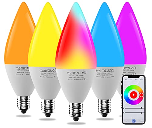 E12 Led Candelabra Smart Light Bulbs, Memzuoix 2.4G WiFi Chandelier Light Bulbs Work with Alexa Google Home, 40W Equivalent, No Hub Required, Color Changing RGB Led Light Bulb, APP Control, Pack of 5