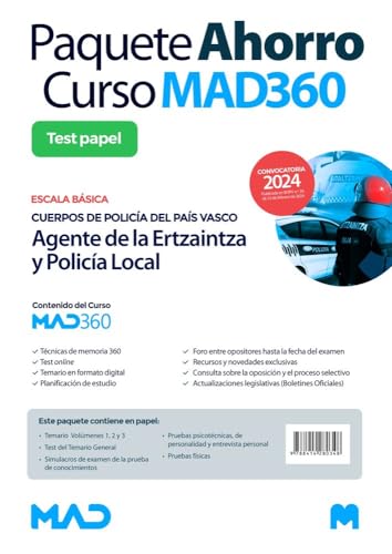 Portada de Oposiciones Agente de la Escala Básica de los Cuerpos de Policía del País Vasco . Paquete Ahorro de Libros y Curso MAD360
