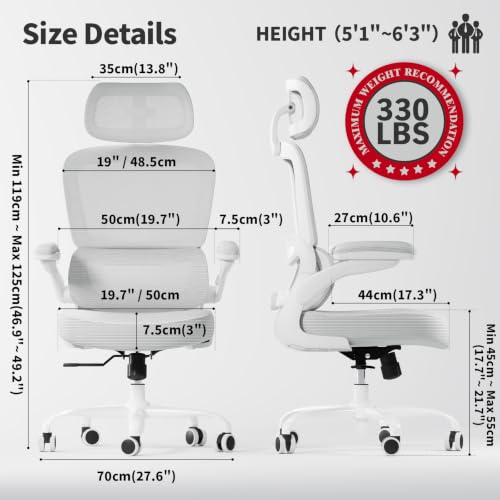 Image of TRALT Ergonomic Office Chair - Desk Chair with Adjustable Headrest Lumbar Support Computer Chair - Mesh Comfy Chair with Flip-up Armrests - Gaming Chairs for Adults Home Office (Leather, White)