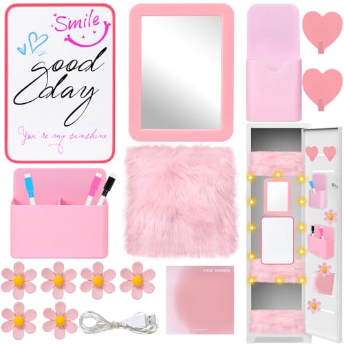 Image of 18 PCS Pink Locker Accessories Kit Back to School Locker Decorations Supplies for Girls Includes Whiteboard Mirror Organizer Markers Hook Rug String Lights Sticky Notes and Cute Flower Magnets