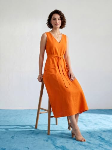 Image of PURVAJA Women's Fit & Flared Midi Length Sleeveless V-Neck Solid Dress