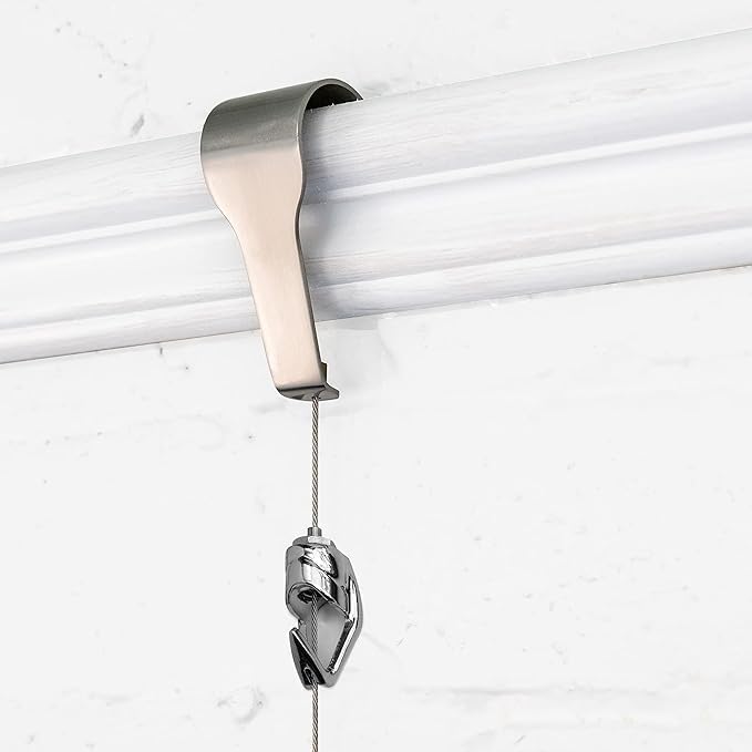 Picture Rail Molding Hangers & Art Hooks - Gallery Quality Instant Adjustment: Choose Brushed Brass or Stainless Steel with 5 Hooks (6.5-Foot Cables)
