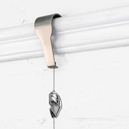 Picture Rail Molding Hangers & Art Hooks - Gallery Quality Instant Adjustment: Choose Brushed Brass or Stainless Steel with 5 Hooks (6.5-Foot Cables)
