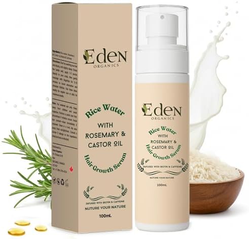 Eden Organics Hair Mist | Rice Water, Rosemary & Biotin Leave-In Treatment for Hair Growth | Hydrating Scalp & Strengthening Spray with Caffeine & Castor Oil | Lightweight, Natural, 100ml