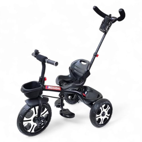 Image of MEKASHI T-002MW Plug N Play Kids Trike /Baby Tricycle with Parental Control, Storage Basket, Bell, Water Bottle w /Holder, Seat Belt, 12 to 48 Months, Load Upto 35Kg, Heavy Guage Steel Frame, Black