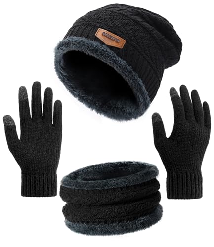 Winter Beanie Hat Circle Scarf Touchscreen Gloves Set, Snow Knit Skull Cap, Warm Thick Fleece Lined Neck Warmer for Men Women