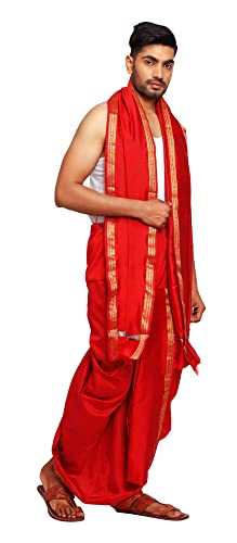 Image of Rameshwaram Fabrics Readymade Dhoti for Men, Velcro Style Stitched Mens Silk Dhoti Pant with Stole Set