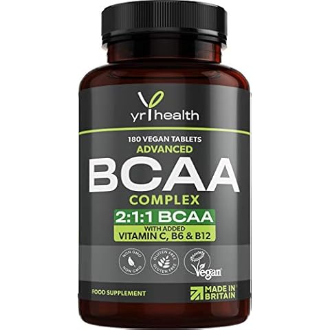 Vegan BCAA Tablets 1500mg - 2:1:1 BCAAs Branch Chain Amino Acids L-Leucine, L-Isoleucine, L-Valine with Vitamin B6, C & B12 - 180 Tablets not Capsules - Made in The UK by YrHealth Cover