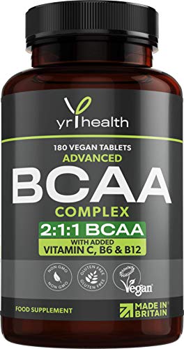 Vegan BCAA Tablets 1500mg - 2:1:1 BCAAs Branch Chain Amino Acids L-Leucine, L-Isoleucine, L-Valine with Vitamin B6, C & B12 - 180 Tablets not Capsules - Made in The UK by YrHealth