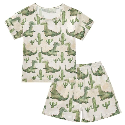 ALAZA Cactus Cute Dinosaur Pajama Set Short Sleeve Sleepwear Soft Lounge Nightwear