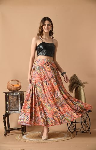 Image of VAGISHA Women's 4-Metre Flared Long Skirt | Skirts for Women Long Length | Long Skirts for Girls | Ethnic & Boho Printed Wear with Elastic Waist | Perfect for Party, Festive & Casual Look