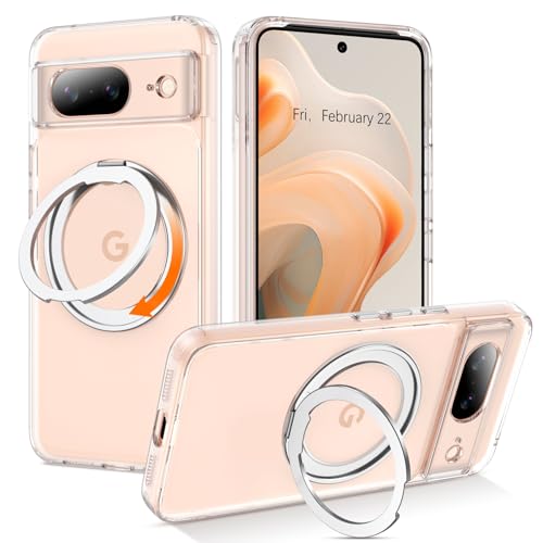 Coque Google Pixel 8 antichoc transparente compatible MagSafe bague rotative 360 fine