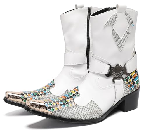 Santimon Cowboy Boot for Men Dress Casual Genuine Leather High Top Boots Metal Wingtip Zipper on Size Western Boots Fashion Wedding Singer Bar Party Ballroom Personalized Chelsea Boots White 11.5 US