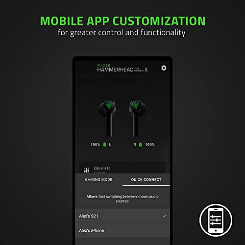 Razer Hammerhead True Wireless X - Niedrig Latenz Ohrstöpsel (Niedrig Lattenz 60ms Gaming Modus, Mobile App-Anpassung, 13mm-Treiber, Bluetooth 5.2 mit Auto-Pairing, Google Fast Pair) Schwarz