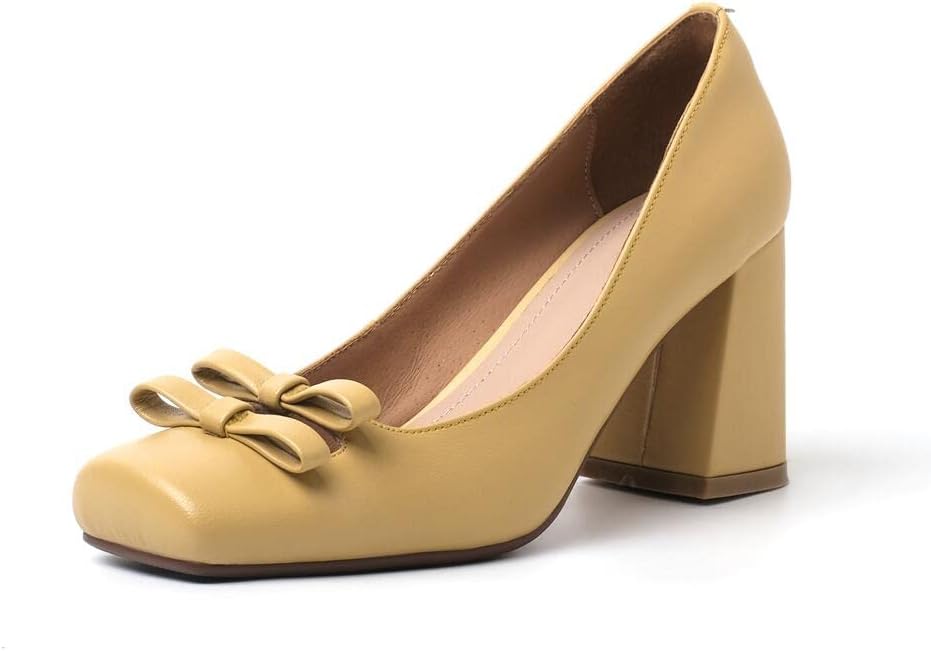 TinaCus Handmade Women's Genuine Leather Slip On Bow Square Toe High Chunky Heel Pumps Shoes