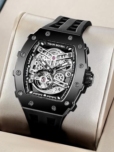 TSAR BOMBA Luxury Automatic Mechanical Watches For Men - Japanese Movement Sapphire Glass - 50M Waterproof Men's Watch - Square Wrist Watches Silicone Band Luminous Elegant Gifts for Men