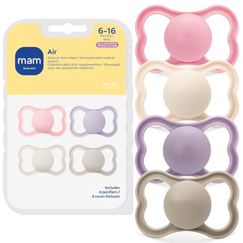 MAM Air Pacifier for Babies 6-16 Months, Extra Air Flow for Sensitive Skin, Developed with Medical Experts, BPA-Free Skin Soft Silicone, 4 Count, Made in Europe