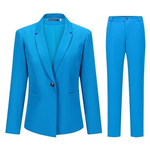 YUNCLOS Womens Suits 2 Piece Set Business Casual Long Sleeve Blazer and Pants Suit for Work Office Lake Blue