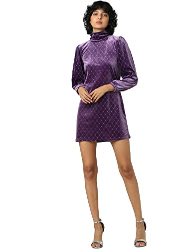 Image of ONLY Women's Purple A-Line Puff Sleeves Embellished Mini Party Dress