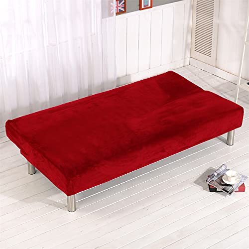 Thick Plush Futon Cover Stretch Armless Sofa Bed Slipcover Soft Couch Sofa Cover Futon Slipcover (Red)