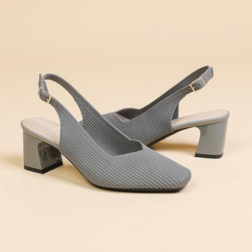 Women's Knit Slingback Heels Pumps with Adjust Ankle Strap Fashion Breathable Closed Square Toe Chunky Heel Mules Sandals Work Office Wedding Dressy Shoes4