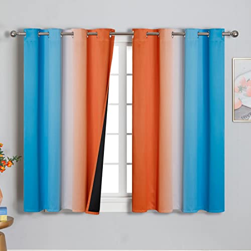 Ombre Orange and Blue Blackout Curtains 45 Inch Length 2 panels, Full Room Darkening Curtains for Bedroom, Thermal Insulated Gradient Drapes, Full Light Blocking Curtains with Grommet, 52x45 Inch