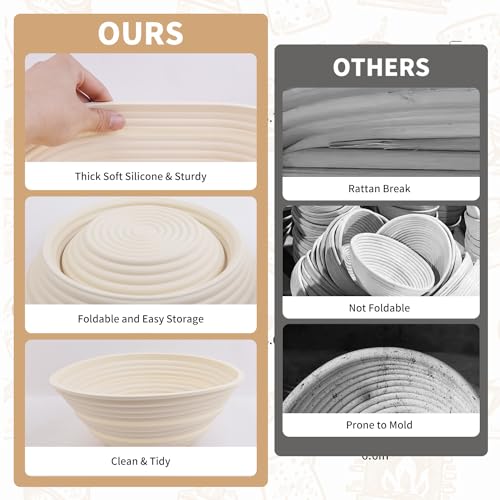 2Pcs Silicone Banneton Bread Proofing Baskets, 10" Oval & 9" Round Foldable Non-Stick Dough Proofing Bowl Containers-BPA Free, Optimum Sourdough Bread Baking Supplies(Beige) by Cham-X - Image 5