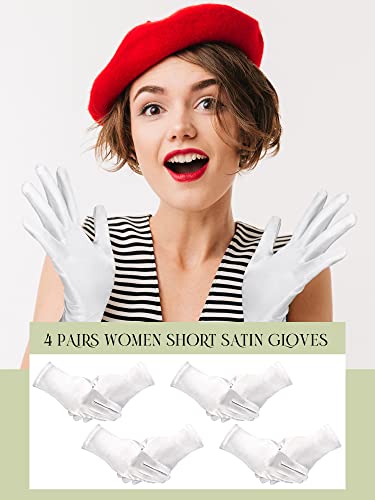 Image of Sumind 4 Pairs Women Short Satin Gloves White Wedding Party Wrist Length Gown Opera Gloves