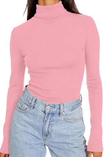DUOEASE Jersey Cuello Alto Mujer Básico Sólido Otono Invierno Camiseta Térmico Manga Larga Elegantes Camiseta Mujer (Rosa XL)