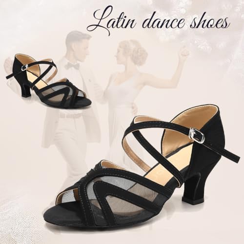 Women's Latin Ballroom Dance Shoes Mesh Open Toe Salsa Shoes 2 Inch Heel, Black2