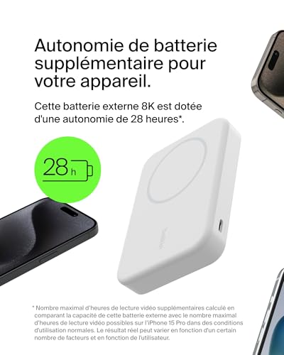 Belkin BoostCharge Pro Batterie Externe sans Fil 8 000 mAh avec Qi2 (Chargeur Portable Compatible MagSafe, Support intégré, pour iPhone 16, 16 Plus, 16 Pro, 16 Pro Max, iPhone 15, etc., Blanche)