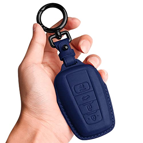 Tukellen for Toyota Key Fob Cover Genuine Leather With Keychain,Leather Key Case Protector Compatible with 2018-2024 RAV4 Camry Corolla Avalon C-HR Prius GT86 Highlander-Blue